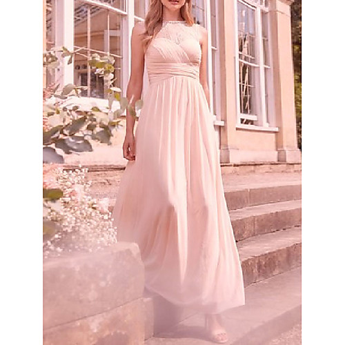 

A-Line Minimalist Elegant Prom Formal Evening Dress Jewel Neck Sleeveless Floor Length Chiffon with Pleats Ruched 2021