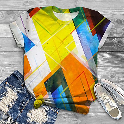 

Women's Plus Size Tops T shirt Graphic Color Block Print Short Sleeve Crewneck Basic Summer Yellow Big Size XL XXL 3XL 4XL 5XL