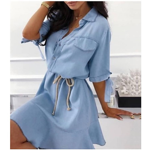 

Women's A Line Dress Short Mini Dress Light Blue Long Sleeve Solid Color Summer Casual 2021 S M L XL