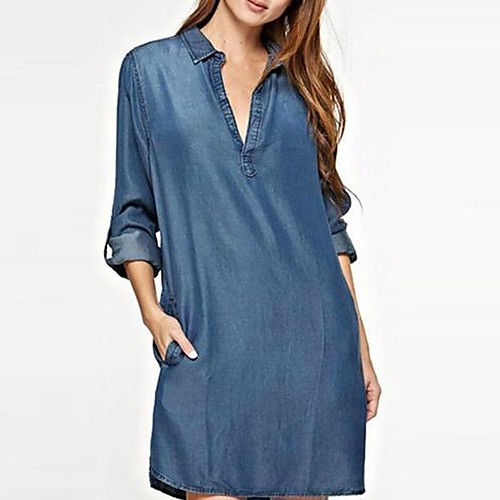 

Women's Shirt Dress Knee Length Dress Light Blue Navy Blue Long Sleeve Solid Color Spring Summer Casual / Daily 2021 S M L XL XXL XXXL 4XL 5XL