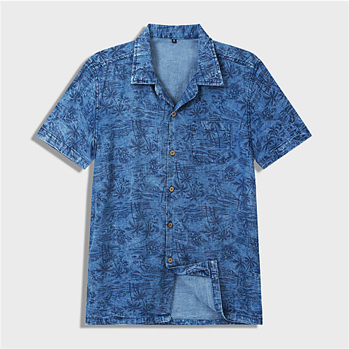 

Men's Shirt Coconut Tree Button-Down Short Sleeve Street Tops Cotton Casual Hawaiian Comfortable Light Blue