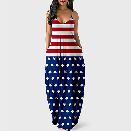 

Women's Strap Dress Maxi long Dress Blue Wine Light Brown Fuchsia Gray Khaki Dusty Blue Royal Blue White Dark Gray Sleeveless Striped Print Flag Print Summer V Neck Casual Loose 2021 XS S M L XL XXL