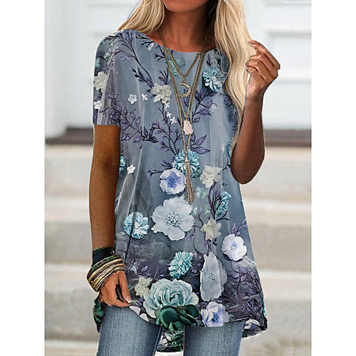 

Women's Floral Theme Painting T shirt Floral Graphic Print Round Neck Basic Tops Blue Khaki