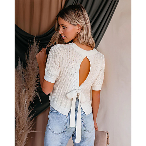 

Women's Solid Color Cardigan Short Sleeve Sweater Cardigans Round Neck White