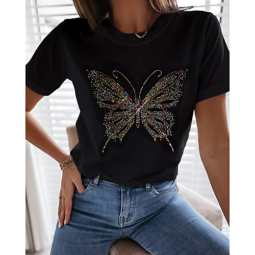 

Women's Going out Butterfly T shirt Graphic Butterfly Print Round Neck Basic Tops White Black