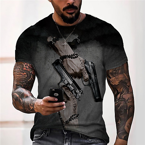 

Men's Tee T shirt Shirt 3D Print Graphic Prints Pistol Print Short Sleeve Daily Tops Casual Designer Big and Tall Black / Gray