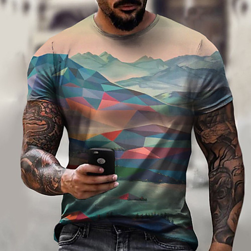 

Men's Tee T shirt Shirt 3D Print Graphic Scenery Geometric Plus Size Short Sleeve Casual Tops Basic Designer Slim Fit Big and Tall Blue Purple Yellow