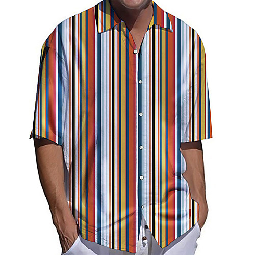 

Men's Shirt 3D Print Striped Plus Size 3D Print Button-Down Short Sleeve Casual Tops Casual Fashion Breathable Comfortable Rainbow / Sports