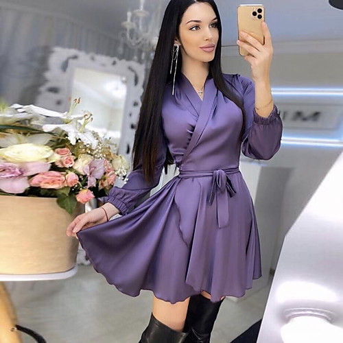 

Women's A Line Dress Short Mini Dress Light Blue Purple Long Sleeve Solid Color Summer Casual 2021 S M L XL XXL