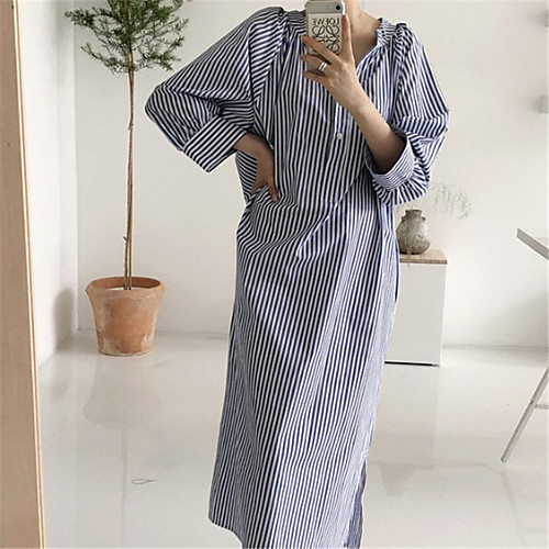 

Women's Shift Dress Maxi long Dress Blue White Long Sleeve Stripes Fall Spring Casual 2021 S M L XL / Cotton / Cotton