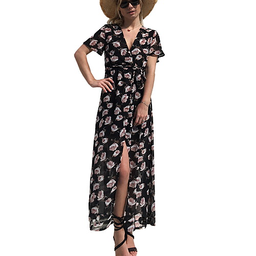 

Women's Swing Dress Maxi long Dress Black Short Sleeve Print Spring Summer Casual 2021 S M L XL XXL