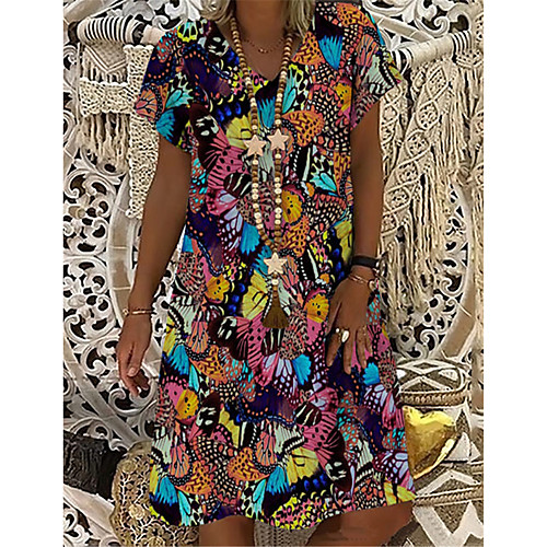 

Women's T Shirt Dress Tee Dress Knee Length Dress Rainbow Short Sleeve Butterfly Animal Print Summer V Neck Casual Holiday 2021 S M L XL XXL 3XL