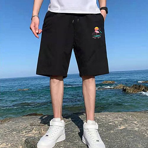 

Men's Shorts Sports Casual Daily Shorts Pants Flamingo Short Drawstring Pocket Print Black