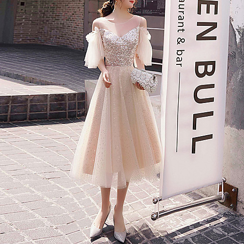 

A-Line Minimalist Elegant Party Wear Prom Dress Illusion Neck Short Sleeve Tea Length Tulle Sequined with Sequin 2021