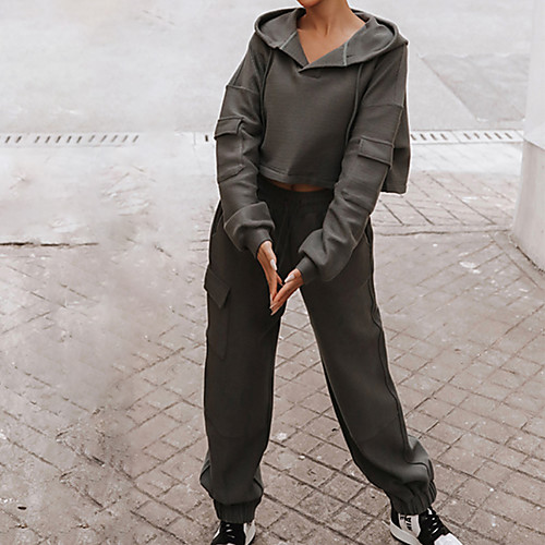 

Women's Basic Streetwear Plain Vacation Casual / Daily Two Piece Set Hoodie Crop Tracksuit Pant Loungewear Jogger Pants Drawstring Tops