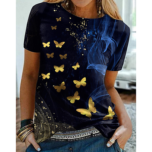 

Women's Butterfly Painting T shirt Graphic Butterfly Print Round Neck Basic Tops Black