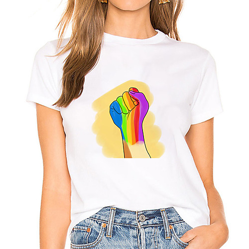 

Women's Painting T shirt Rainbow Graphic Print Round Neck Basic LGBT Pride Tops White