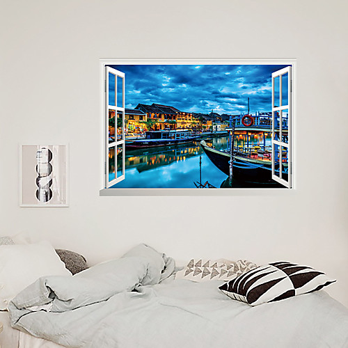 

3D False Window Seaside City Fishing Boat Home Children's Room Background Decoration Can Be Removed Stickers