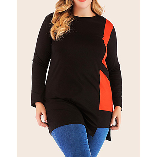 

Women's Plus Size Tops T shirt Color Block Long Sleeve Crewneck Fall Dark Red Green Big Size XL XXL 3XL 4XL