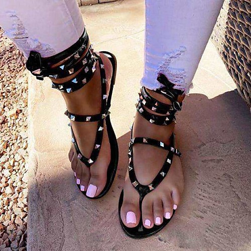 

Women's Sandals Lace up Flat Heel Round Toe PU Synthetics Black