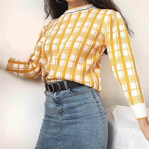 

Women's Plaid / Check Pullover Cotton Long Sleeve Sweater Cardigans Round Neck Yellow