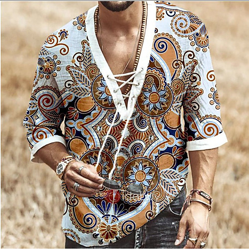 

Men's Shirt Floral Drawstring Half Sleeve Casual Tops Casual Fashion Breathable Comfortable Standing Collar Blue Orange White