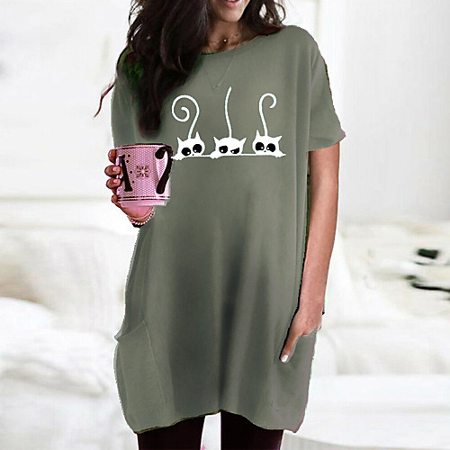 

Women's T shirt Dress Cat Graphic Animal Pocket Round Neck Basic Tops Wine Army Green Black