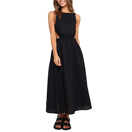 

Women's Swing Dress Midi Dress Green Black Brown Apricot Sleeveless Solid Color Spring Summer Casual 2021 S M L XL