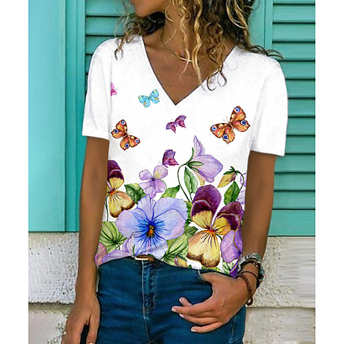 

Women's Floral Theme Butterfly Painting T shirt Floral Butterfly Print V Neck Basic Tops White