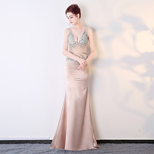 

Mermaid / Trumpet Glittering Sparkle Prom Formal Evening Dress V Neck Sleeveless Floor Length Spandex with Crystals Sequin 2021