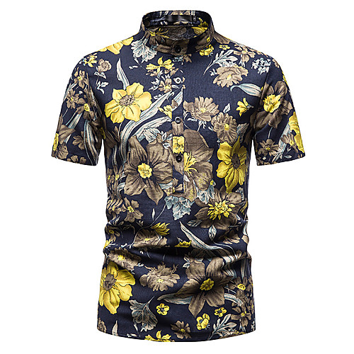 

Men's Shirt Other Prints Floral Print Short Sleeve Daily Tops Fashion Hawaiian Beach Navy Blue