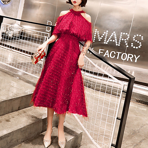 

A-Line Minimalist Elegant Party Wear Cocktail Party Dress Jewel Neck Half Sleeve Tea Length Tulle with Feather 2021