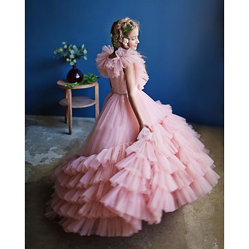 

Princess Sweep / Brush Train Flower Girl Dresses Party Tulle Sleeveless Jewel Neck with Sash / Ribbon