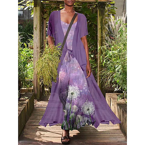 

Women's Two Piece Dress Maxi long Dress Navy Blue Violet Short Sleeve Floral Print Print Spring Summer Round Neck Casual 2021 M L XL XXL XXXL 4XL 5XL