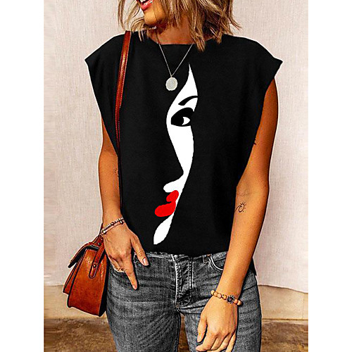 

Women's Portrait Tank Top Vest Abstract Portrait Print Round Neck Basic Streetwear Tops Black