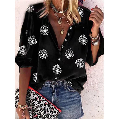 

Women's Blouse Dandelion Long Sleeve Print Standing Collar Tops Black