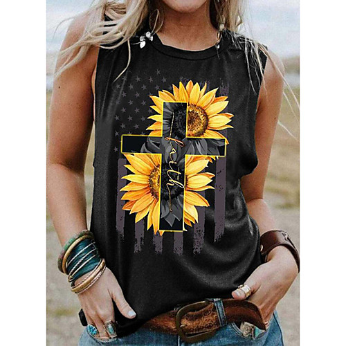 

Women's Floral Theme Independence Day Tank Top Floral Sunflower American Flag Print Round Neck Basic Streetwear Tops White Black