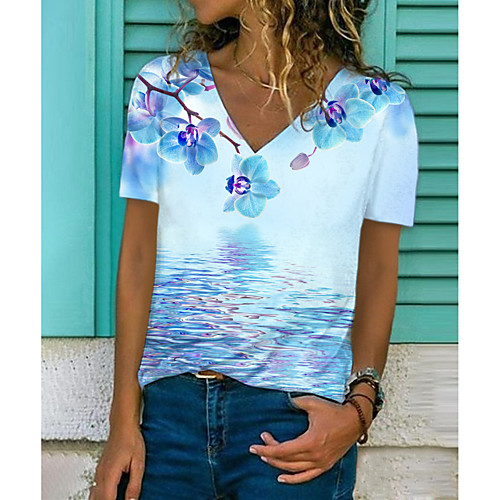

Women's Floral Theme 3D Printed Painting T shirt Graphic Scenery 3D Print V Neck Basic Tops Blue