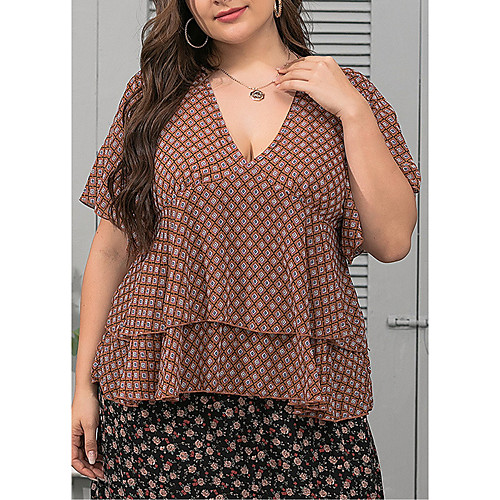 

Women's Plus Size Tops Blouse Plaid Ruffle Print Short Sleeve V Neck Red Big Size XL XXL 3XL 4XL