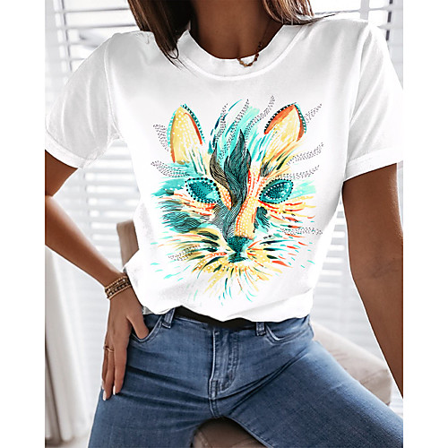 

Women's Cat Abstract Painting T shirt Cat Animal Print Round Neck Basic Tops Blue Blushing Pink Green