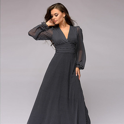 

Women's A Line Dress Maxi long Dress Black Long Sleeve Dot Summer Casual 2021 S M L XL XXL