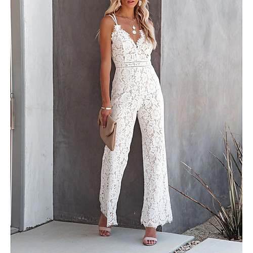 

Women's Casual Party Street Holiday 2021 Wine White Black Jumpsuit Solid Color Lace