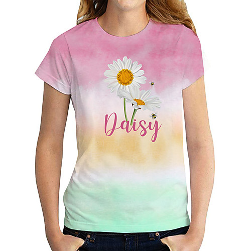 

Women's Floral Theme Painting T shirt Color Gradient Text Daisy Print Round Neck Basic Tops Blushing Pink