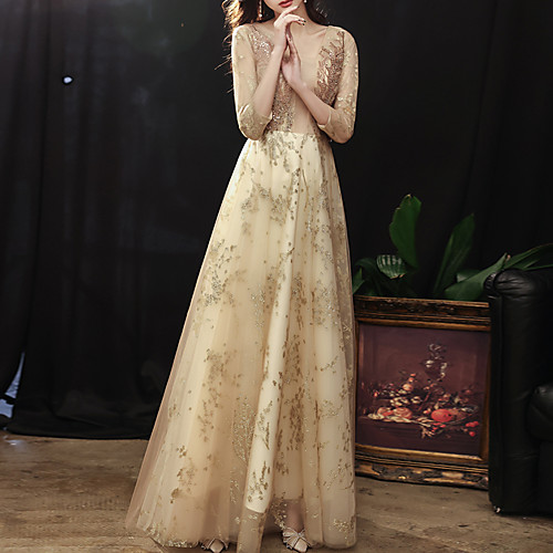 

A-Line Glittering Luxurious Engagement Prom Dress Illusion Neck 3/4 Length Sleeve Floor Length Tulle with Embroidery Appliques 2021