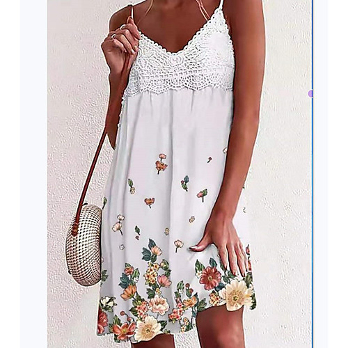 

Women's Strap Dress Knee Length Dress White Sleeveless Floral Spring Summer Casual 2021 S M L XL XXL