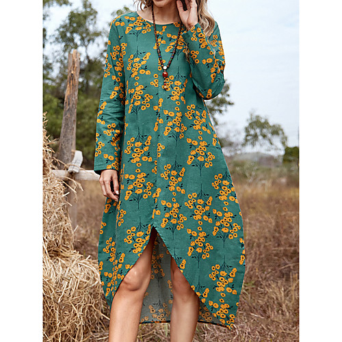 

Women's Swing Dress Midi Dress Light Green Long Sleeve Print Spring Summer Casual S M L XL XXL / Plus Size / Plus Size