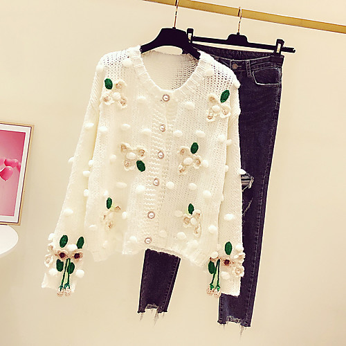 

Women's Floral Cardigan Cotton Long Sleeve Sweater Cardigans V Neck Blushing Pink khaki White