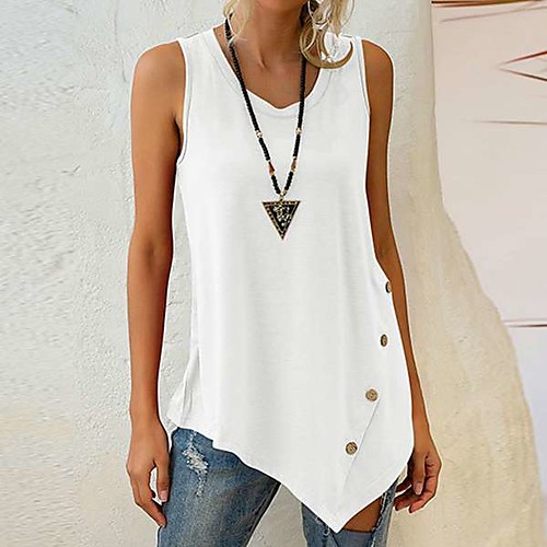 

Women's Beach Blouse Tank Top Vest Plain Print Round Neck Streetwear Boho Tops Loose White Blushing Pink Black