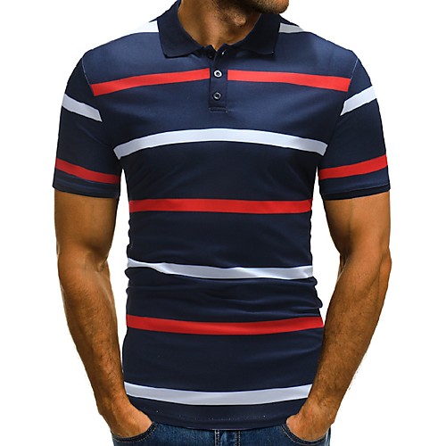 

Men's Golf Shirt Tennis Shirt Striped Button-Down Short Sleeve Street Tops Cotton Business Casual Comfortable White Navy Blue