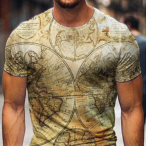 

Men's Tee T shirt Shirt 3D Print Graphic Map Sea Plus Size Short Sleeve Casual Tops Basic Designer Slim Fit Big and Tall Light Yellow Yellow